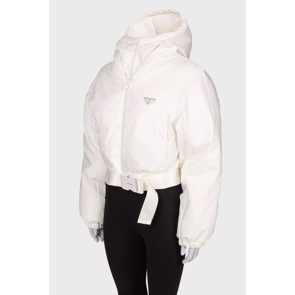 Prada White Cropped Puffer Jacket Belted Hooded Triangle Logo Outerwear